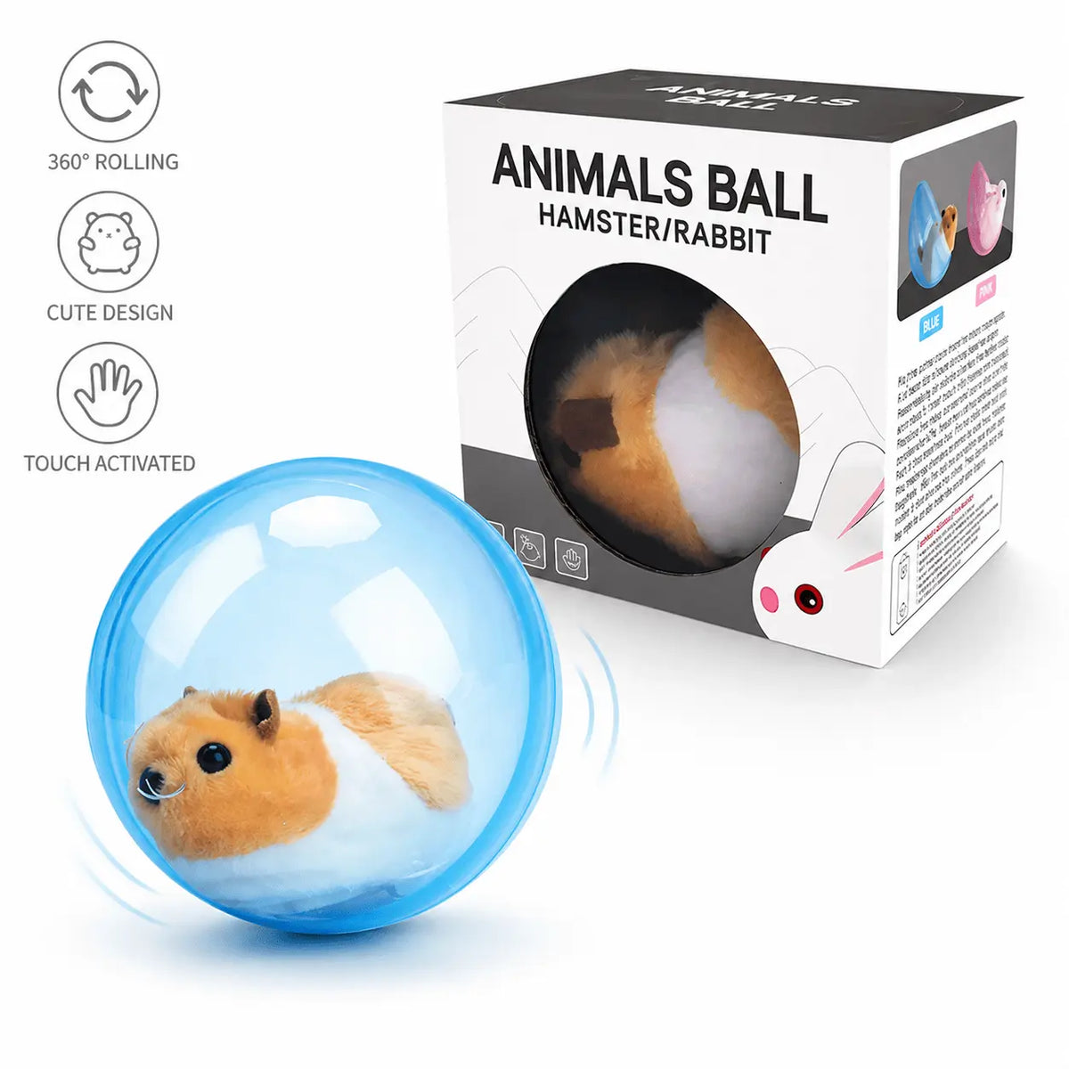 Brown plush hamster inside the blue self rolling cat ball beside its retail box, badged 360 degree rolling and touch activated.