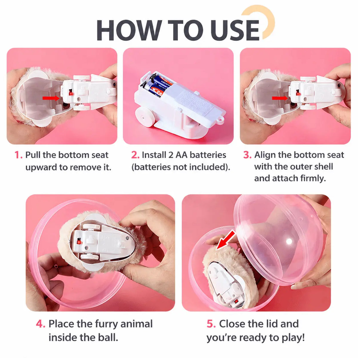 Five steps for setting up the self rolling cat ball, from removing the bottom seat and fitting two AA batteries to placing the plush animal inside and closing the lid.