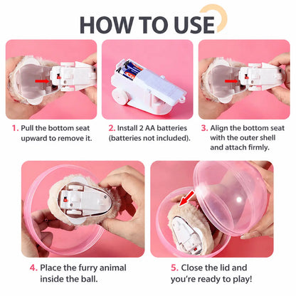 Five steps for setting up the self rolling cat ball, from removing the bottom seat and fitting two AA batteries to placing the plush animal inside and closing the lid.