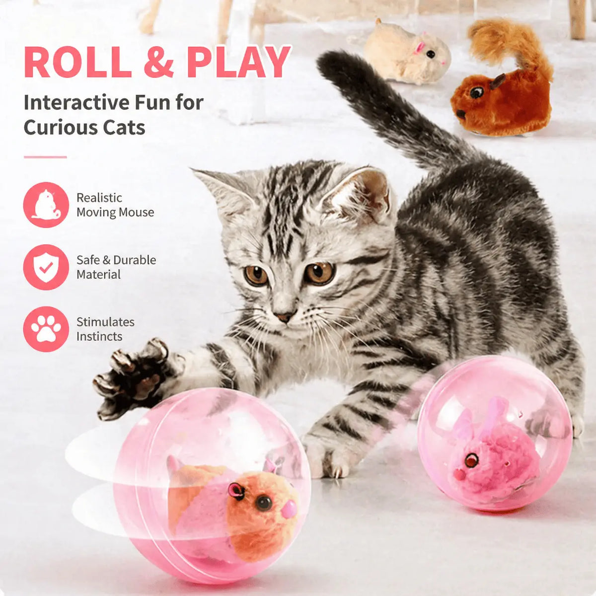 Kitten batting at two self rolling cat balls, each holding a plush animal inside the clear shell.