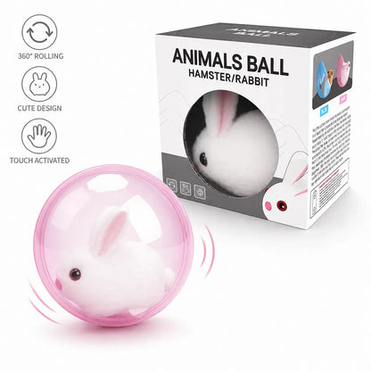 White plush rabbit inside the pink self rolling cat ball beside its retail box.