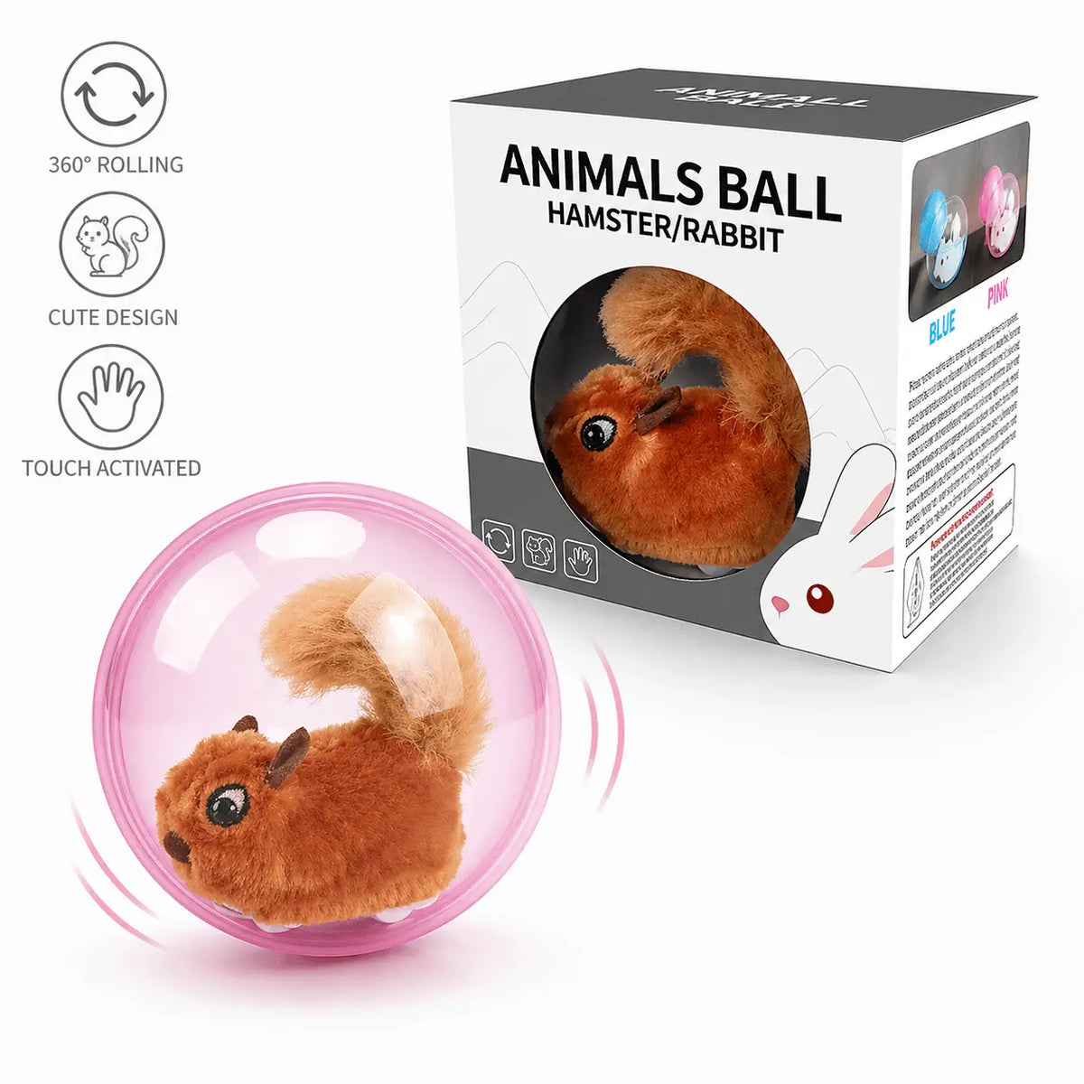 Brown plush squirrel with a bushy tail inside the pink self rolling cat ball beside its retail box.
