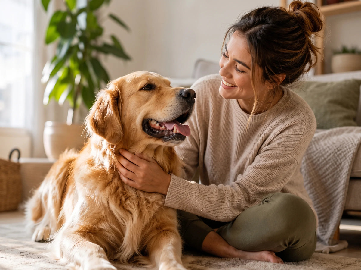 Smiling woman gently petting her golden retriever in a bright living room