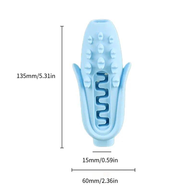 Blue silicone corn dog chew toy with its 135 mm height, 60 mm width and 15 mm channel marked.