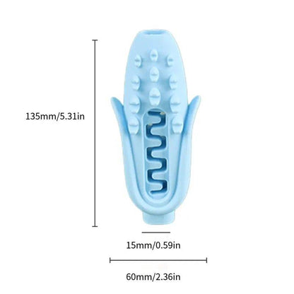 Blue silicone corn dog chew toy with its 135 mm height, 60 mm width and 15 mm channel marked.