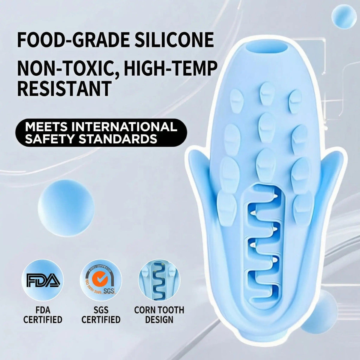 Blue silicone corn dog chew toy captioned food-grade silicone, non-toxic and high-temperature resistant.
