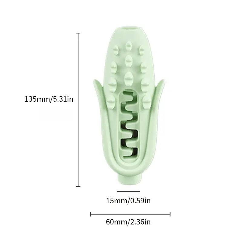 Green silicone corn dog chew toy with its 135 mm height, 60 mm width and 15 mm channel marked.