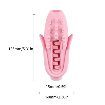 Pink silicone corn dog chew toy with its 135 mm height, 60 mm width and 15 mm channel marked.