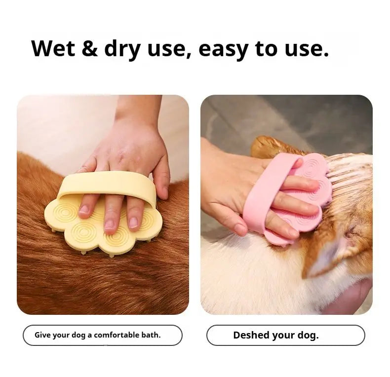 Yellow silicone dog bath brush on a dog coat and pink brush on a corgi, captioned wet and dry use.