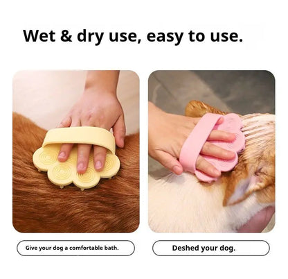Yellow silicone dog bath brush on a dog coat and pink brush on a corgi, captioned wet and dry use.