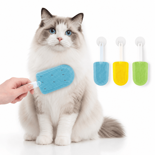 Ragdoll cat being brushed with the blue Noblias silicone grooming brush, with all three colors shown alongside