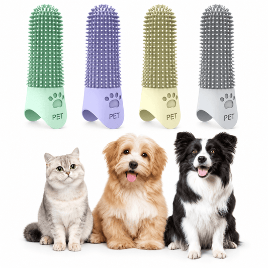 Silicone pet finger toothbrush 4 pack in green, purple, yellow and gray, shown above a cat and two dogs.