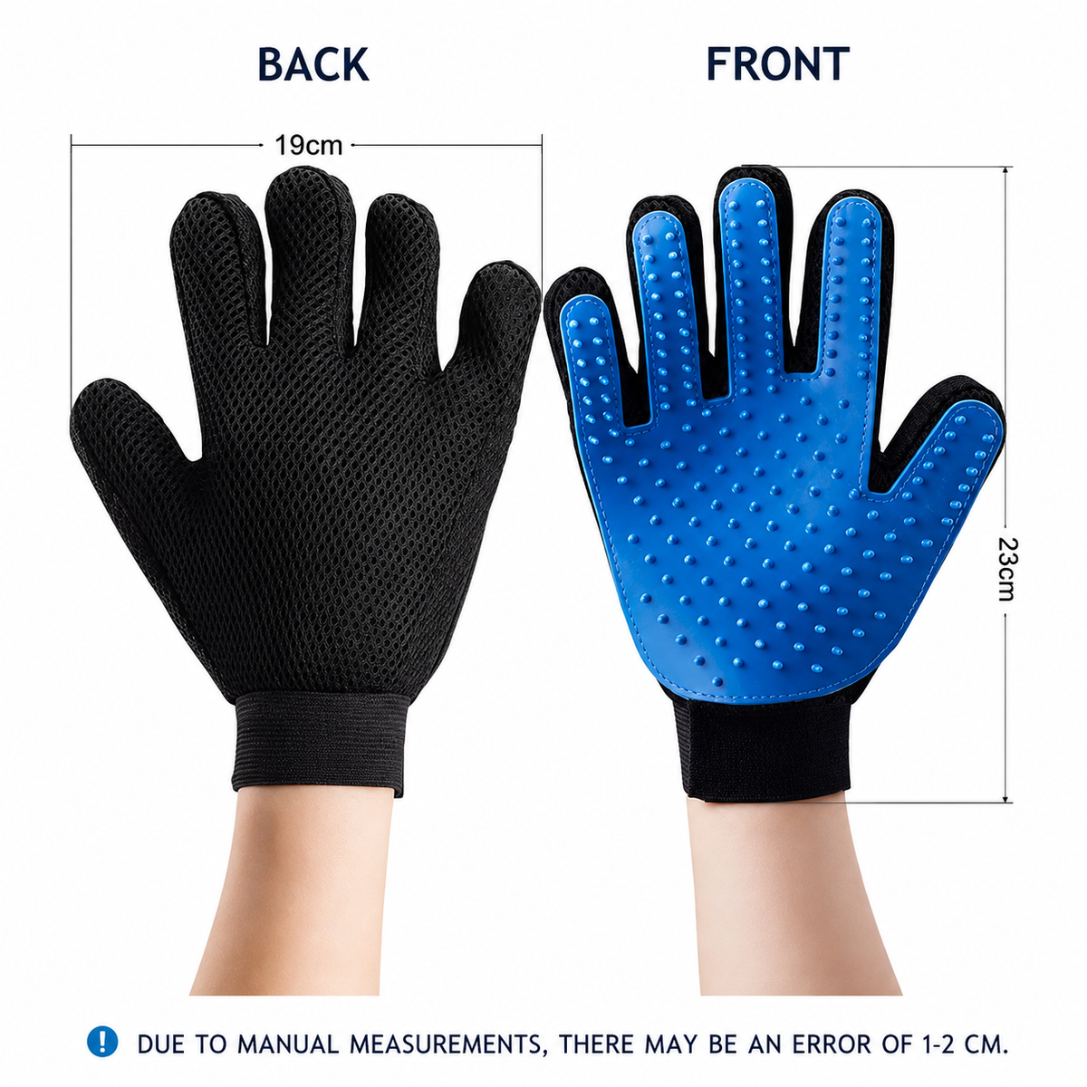 Back and front of the silicone pet grooming glove with its 19 cm width and 23 cm height marked.