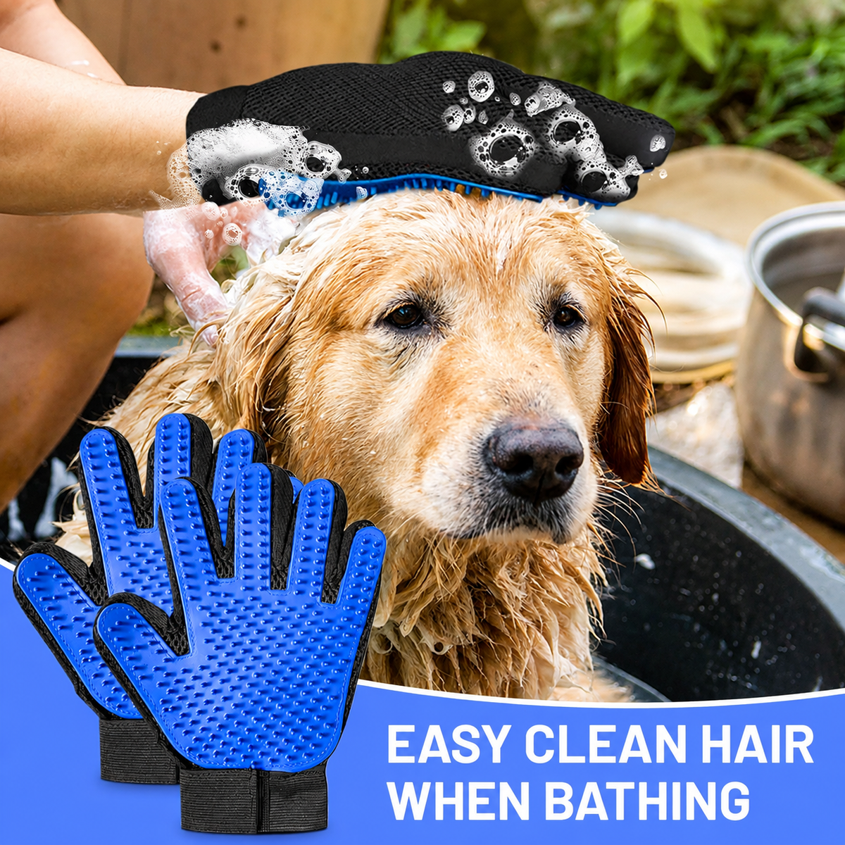 Golden retriever being bathed with the silicone pet grooming glove, captioned easy clean hair when bathing.