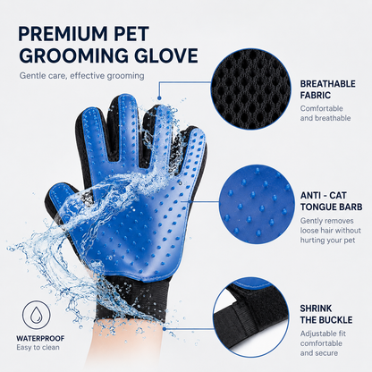 Silicone pet grooming glove with callouts for the breathable fabric back, soft silicone tips, adjustable velcro cuff and waterproof design.