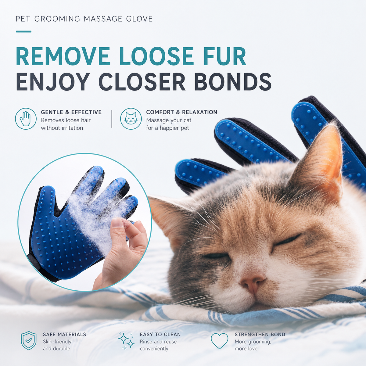 Silicone pet grooming glove peeling off a clump of fur beside a sleeping calico cat, with gentle, comfort and easy-to-clean icons.