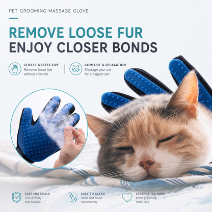Silicone pet grooming glove peeling off a clump of fur beside a sleeping calico cat, with gentle, comfort and easy-to-clean icons.