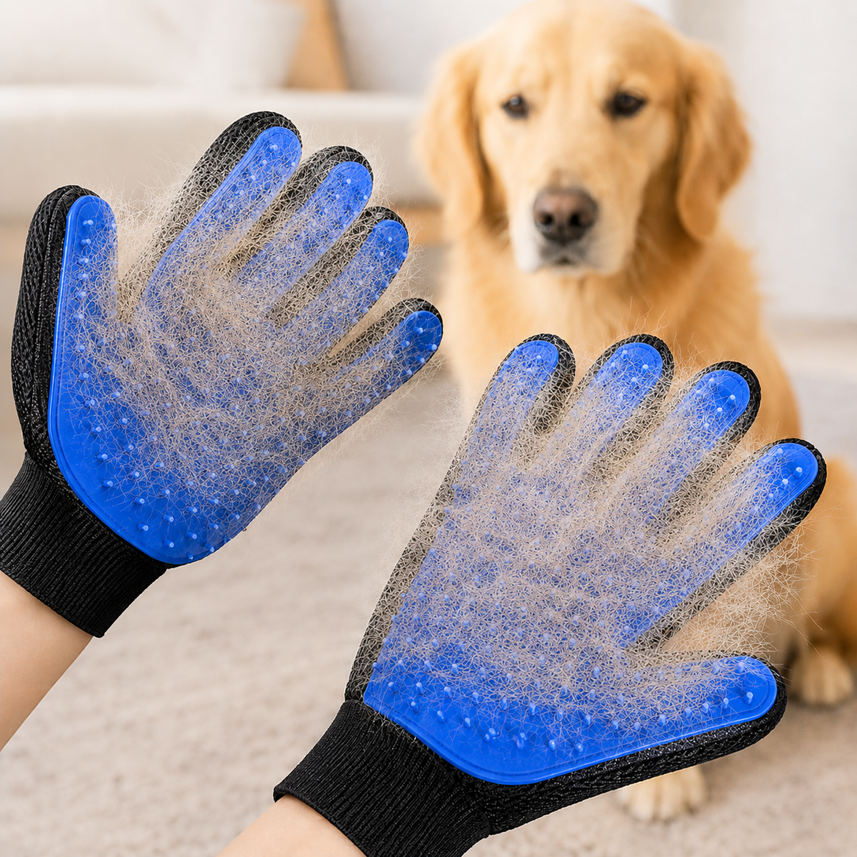 Pair of blue silicone pet grooming gloves covered in shed fur in front of a golden retriever.