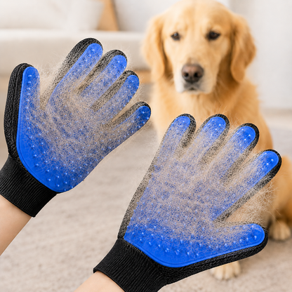 Pair of blue silicone pet grooming gloves covered in shed fur in front of a golden retriever.