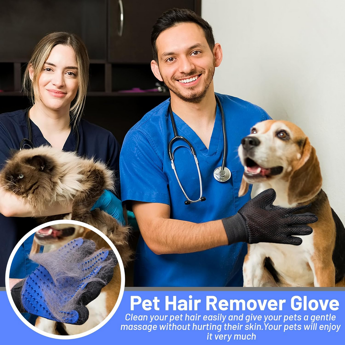 Two people in scrubs with a persian cat and a beagle, one gloved hand on the beagle, captioned pet hair remover glove.