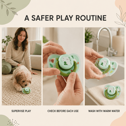 Care routine for the puppy chew toy showing supervised play, a check before each use and washing in warm water
