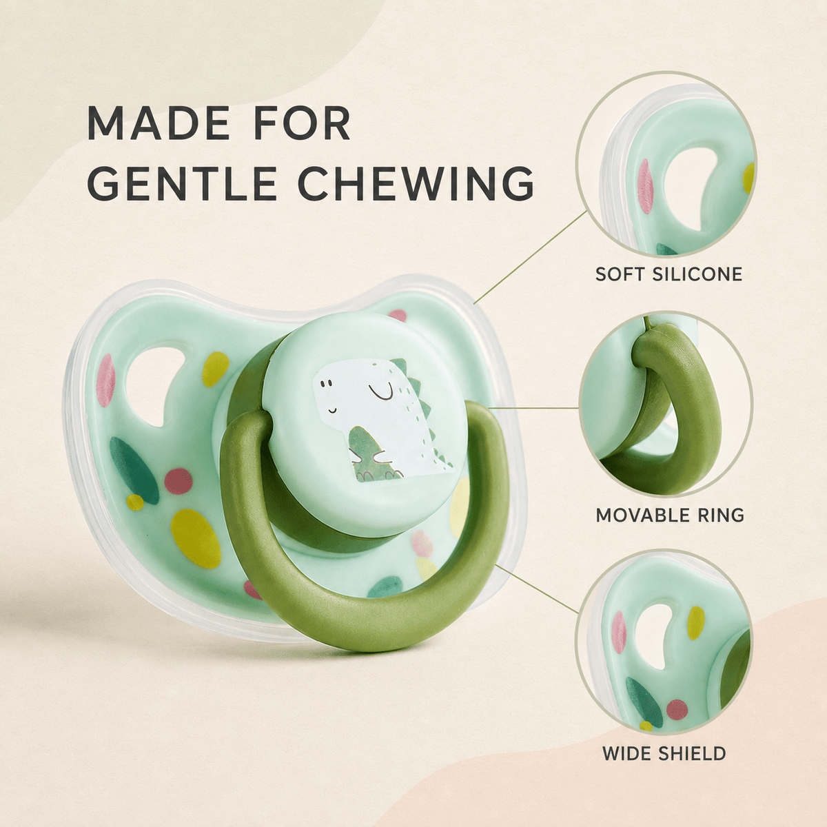 Soft silicone, movable ring and wide shield on the silicone puppy chew toy