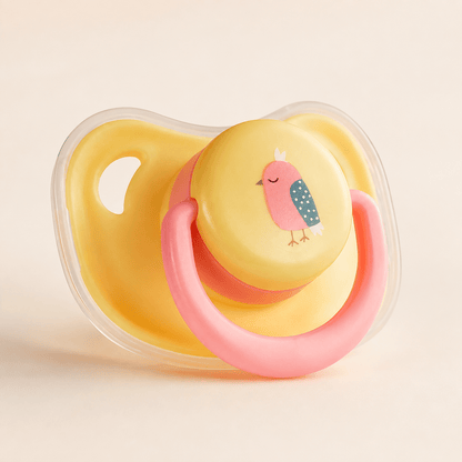 Pink bird silicone puppy chew toy with a yellow shield and a pink movable ring