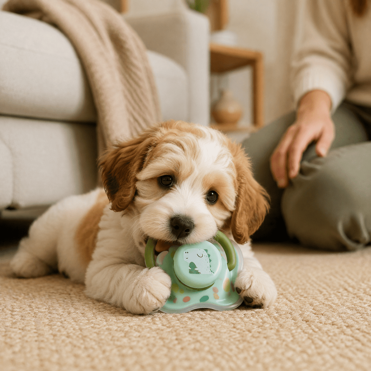 Puppy lying on a rug chewing the green silicone chew toy while its owner watches