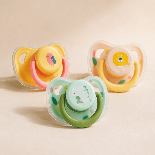Silicone puppy chew toy in pink bird, green dinosaur and yellow lion colorways