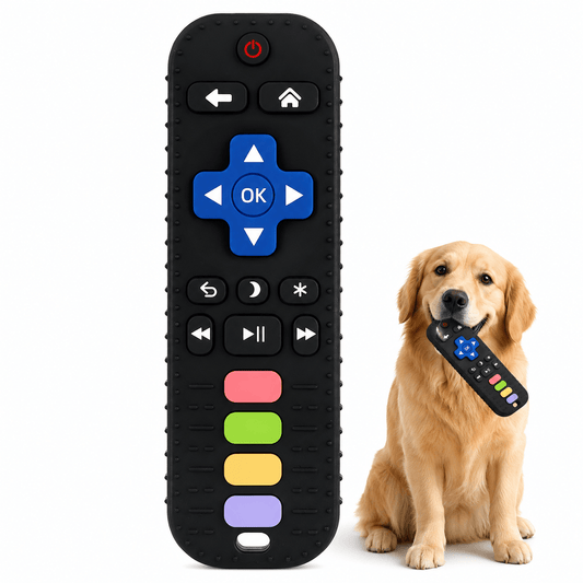 Black silicone television remote dog chew toy with colored buttons, shown beside a golden retriever holding one.