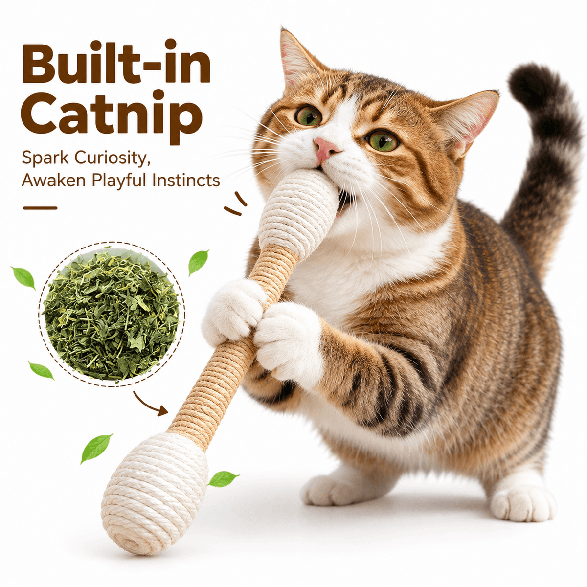 Tabby cat biting the sisal cat kicker toy, with a close-up of the built-in dried catnip.
