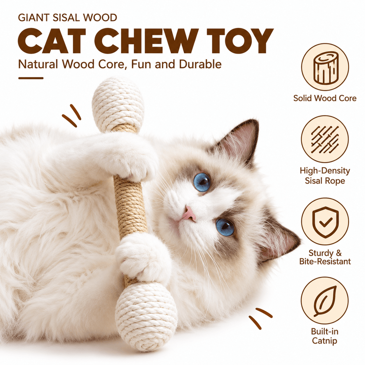 Ragdoll cat hugging and kicking the giant sisal cat kicker toy, with icons for solid wood core, sisal rope and built-in catnip.