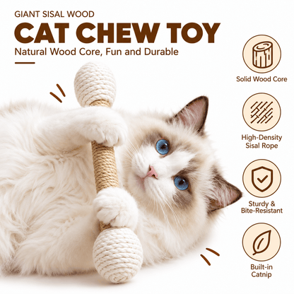 Ragdoll cat hugging and kicking the giant sisal cat kicker toy, with icons for solid wood core, sisal rope and built-in catnip.