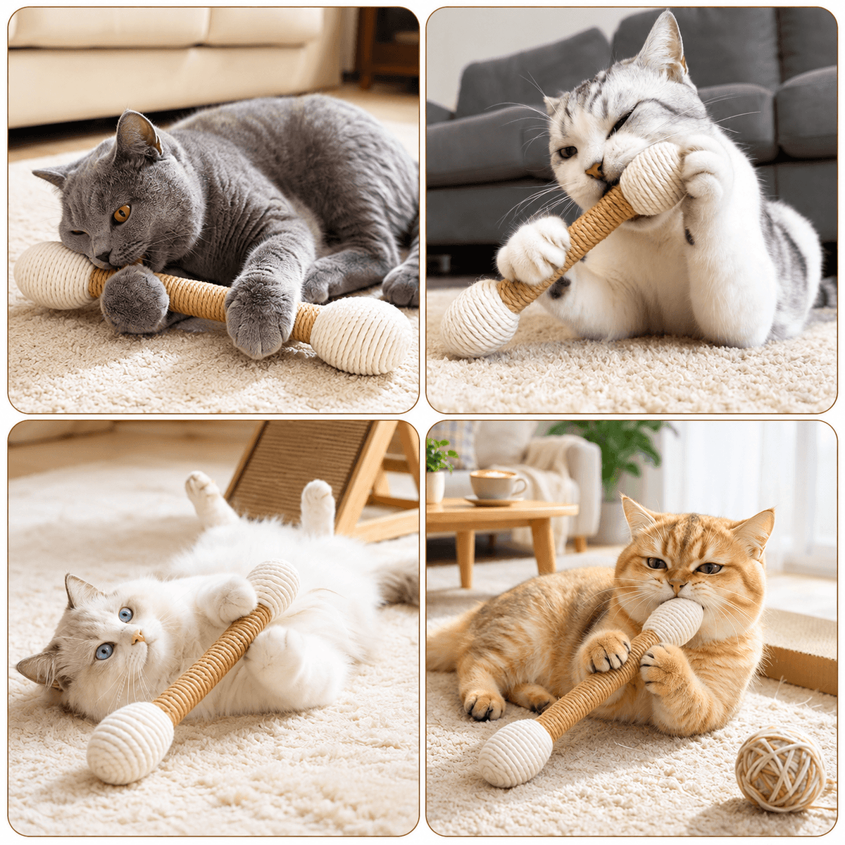 Four cats at home hugging, biting and kicking the large sisal cat kicker toy.