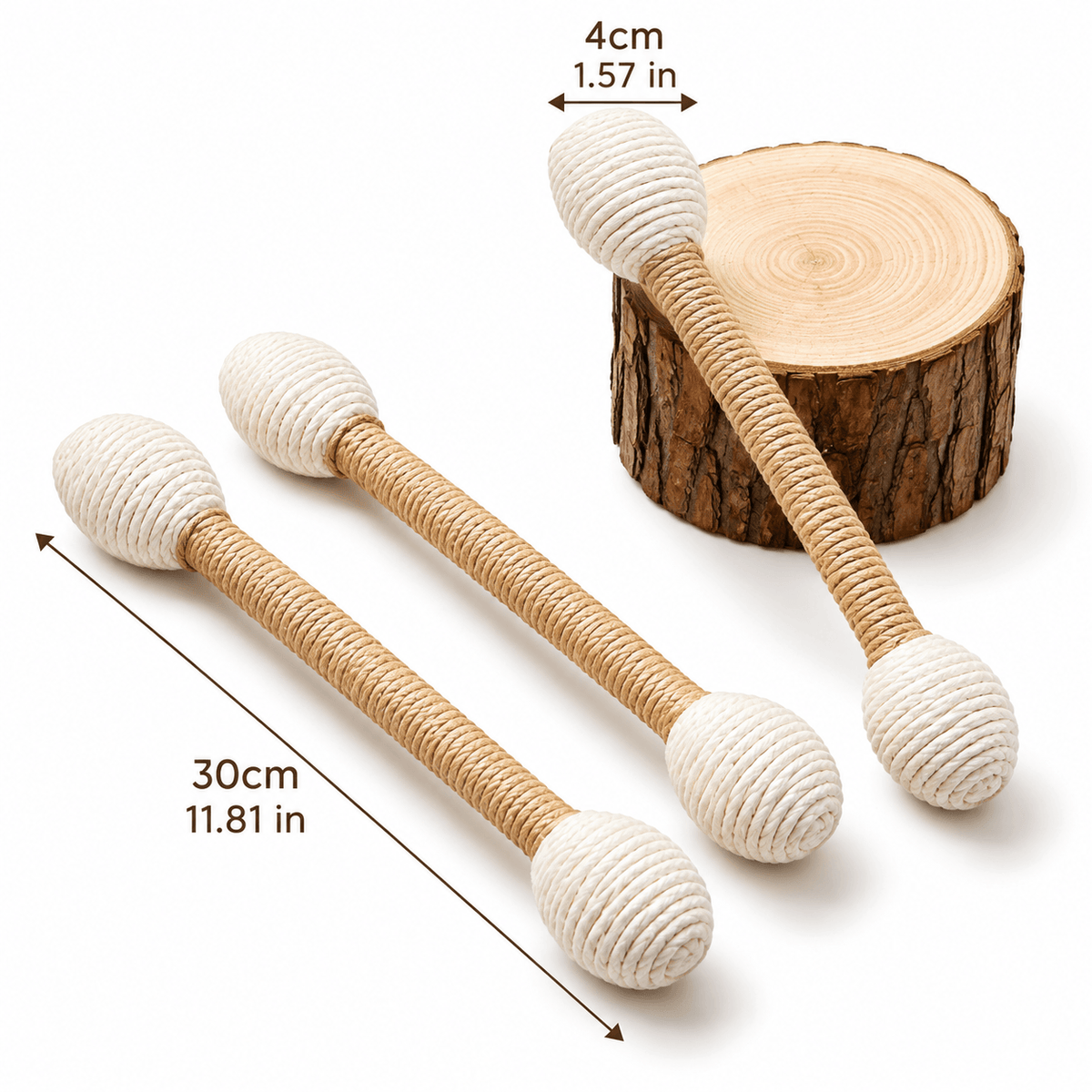 Dimensions of the large sisal cat kicker toy: 30 cm (11.81 in) long and 4 cm (1.57 in) wide.