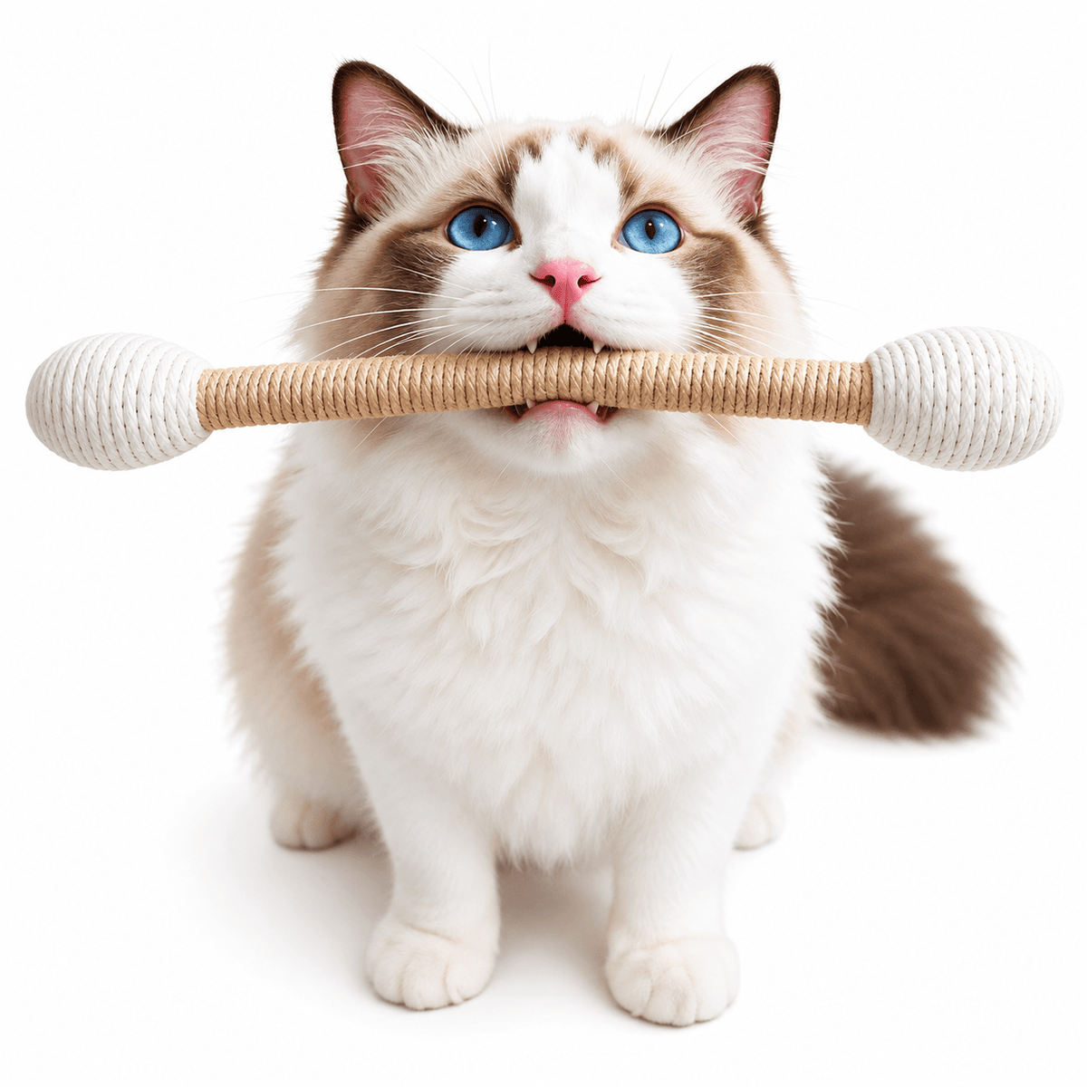 Ragdoll cat holding the large sisal cat kicker toy with catnip in its mouth.