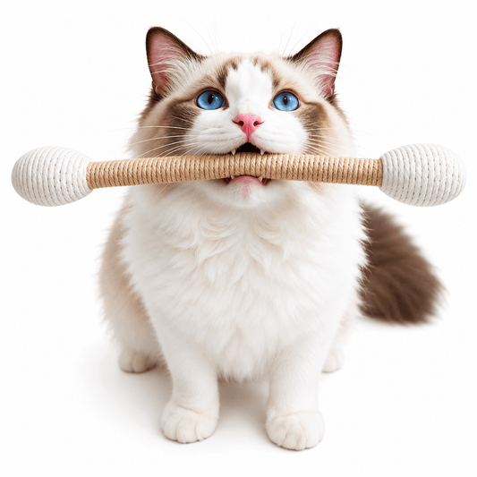 Ragdoll cat holding the large sisal cat kicker toy with catnip in its mouth.