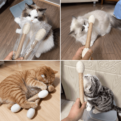 Real photos of cats playing with and kicking the sisal cat kicker toy on wooden floors.