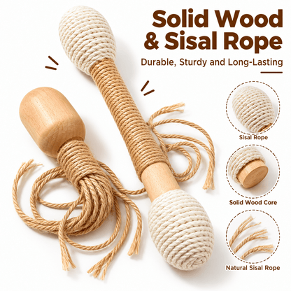 Sisal cat kicker toy beside its solid wood core and natural sisal rope.