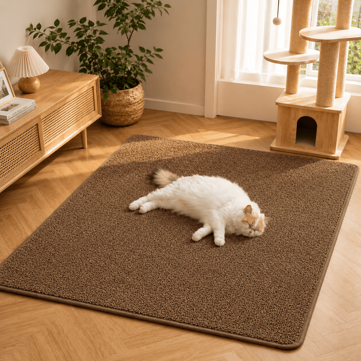 Large brown sisal cat scratching mat laid on a wooden living room floor with a cat resting on it.