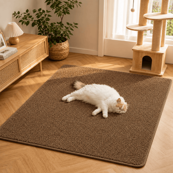 Large brown sisal cat scratching mat laid on a wooden living room floor with a cat resting on it.