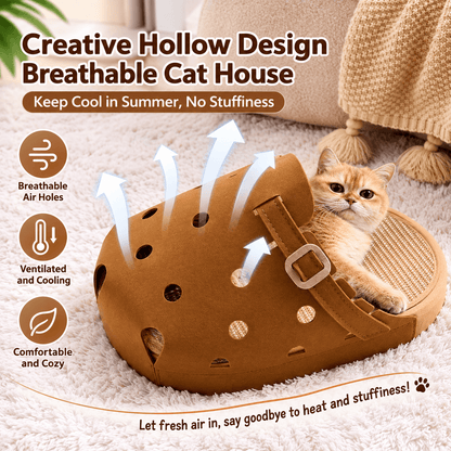 Infographic of the slipper felt cat cave showing breathable air holes across the felt cover with a cat resting at the opening.