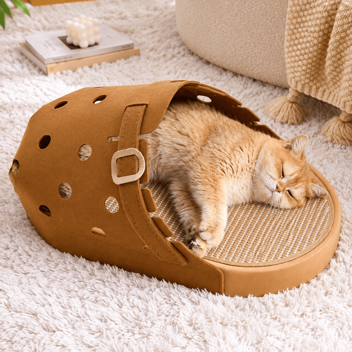Ginger cat napping inside the camel brown slipper felt cat cave on its woven jute scratch mat.