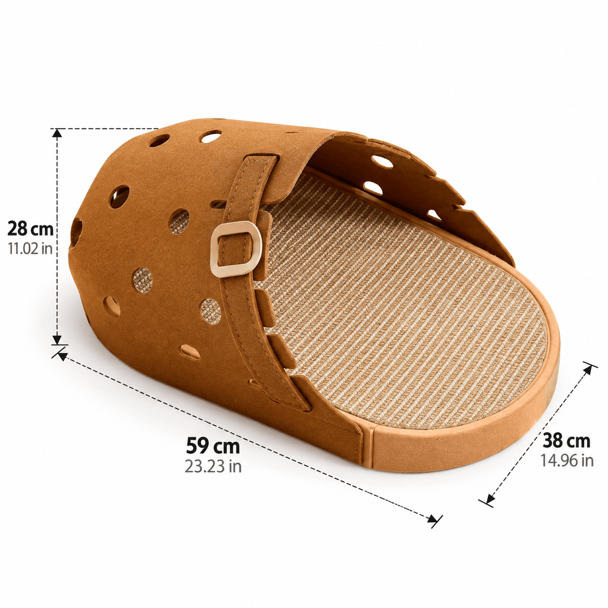 Dimension diagram of the camel brown slipper felt cat cave: 59 cm long, 38 cm wide and 28 cm high.