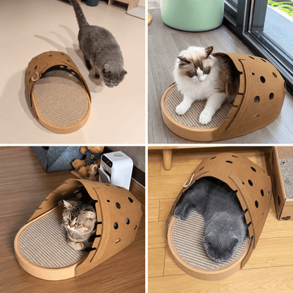 Four photos of different cats exploring, sitting and sleeping in the slipper felt cat cave at home.