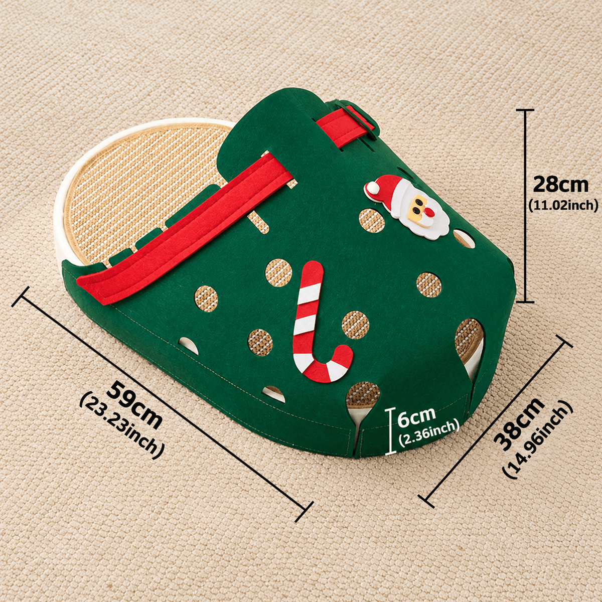 Christmas green slipper felt cat cave with Santa and candy cane details, measuring 59 by 38 by 28 cm.