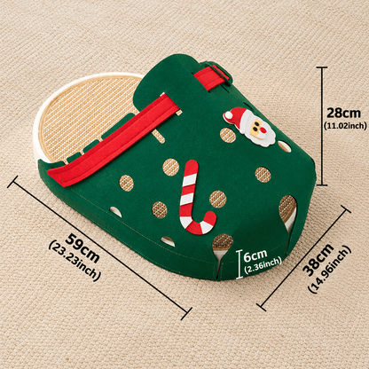 Christmas green slipper felt cat cave with Santa and candy cane details, measuring 59 by 38 by 28 cm.