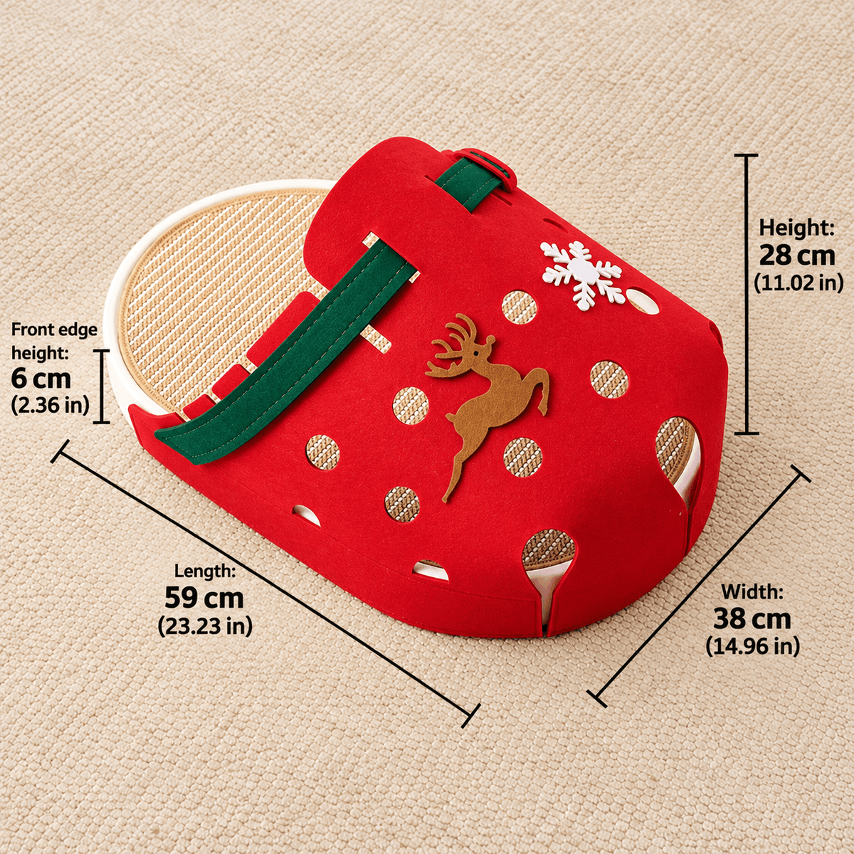 Christmas red slipper felt cat cave with reindeer and snowflake details, measuring 59 by 38 by 28 cm.