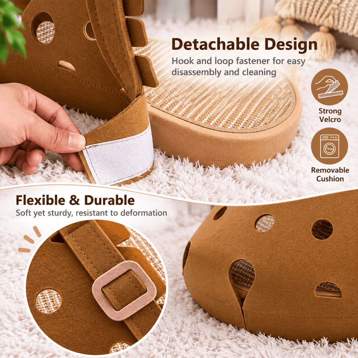 Hand separating the hook-and-loop strip of the slipper felt cat cave cover from its base, with a close view of the felt buckle.