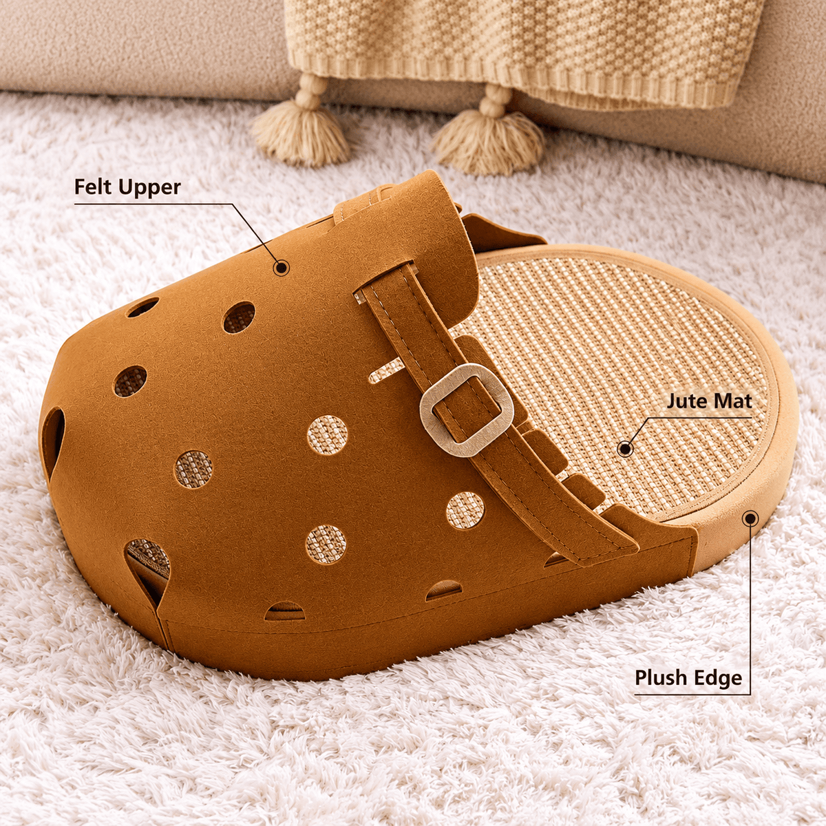 Labeled view of the slipper felt cat cave pointing out the felt upper, jute mat and plush edge.